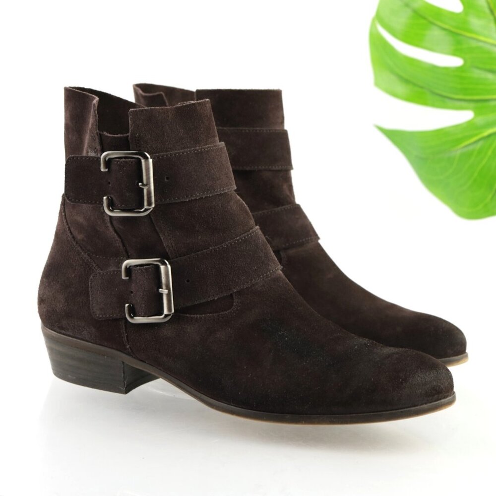 Paul Green Womens Carrie Boots Size 9  Brown Suede Bootie Double Buckle Low Heel